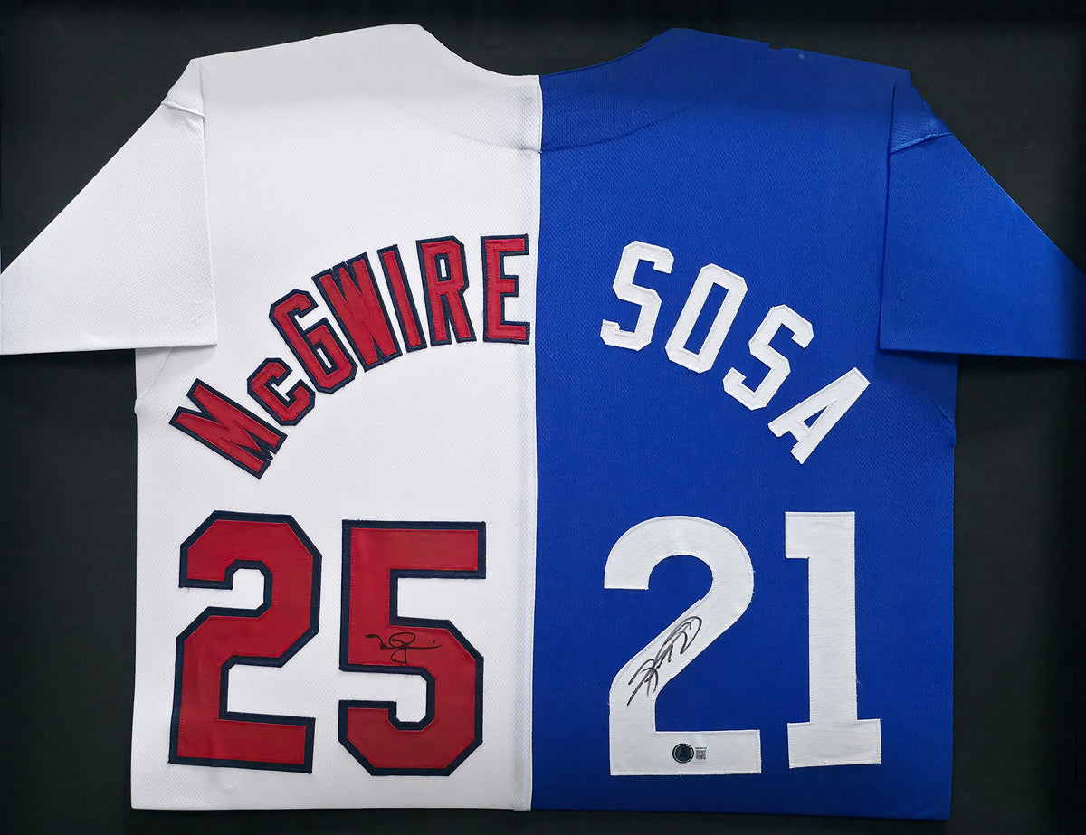 St. Louis Cardinals, Chicago Cubs Mark McGwire & Sammy Sosa Autographed Framed Red, White & Blue Jersey Beckett BAS Witness Stock #268092