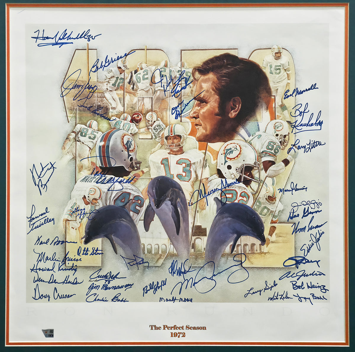 1972 Miami Dolphins Perfect Season Team Autographed Framed 24x24 Lithograph With 40 Signatures Including Don Shula & Bob Griese Fanatics Holo Stock #267823