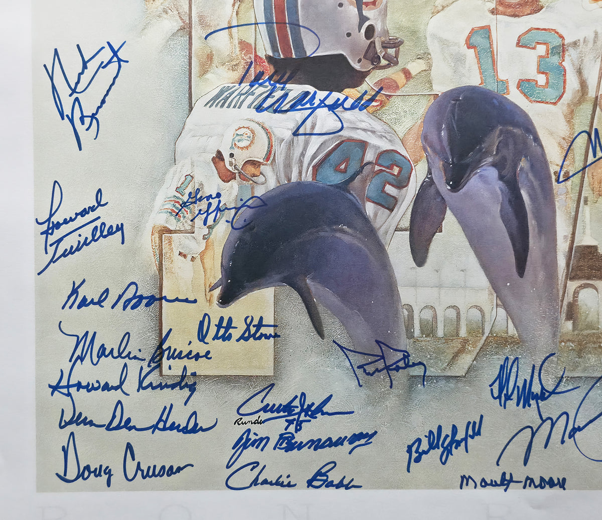 1972 Miami Dolphins Perfect Season Team Autographed Framed 24x24 Lithograph With 40 Signatures Including Don Shula & Bob Griese Fanatics Holo Stock #267823