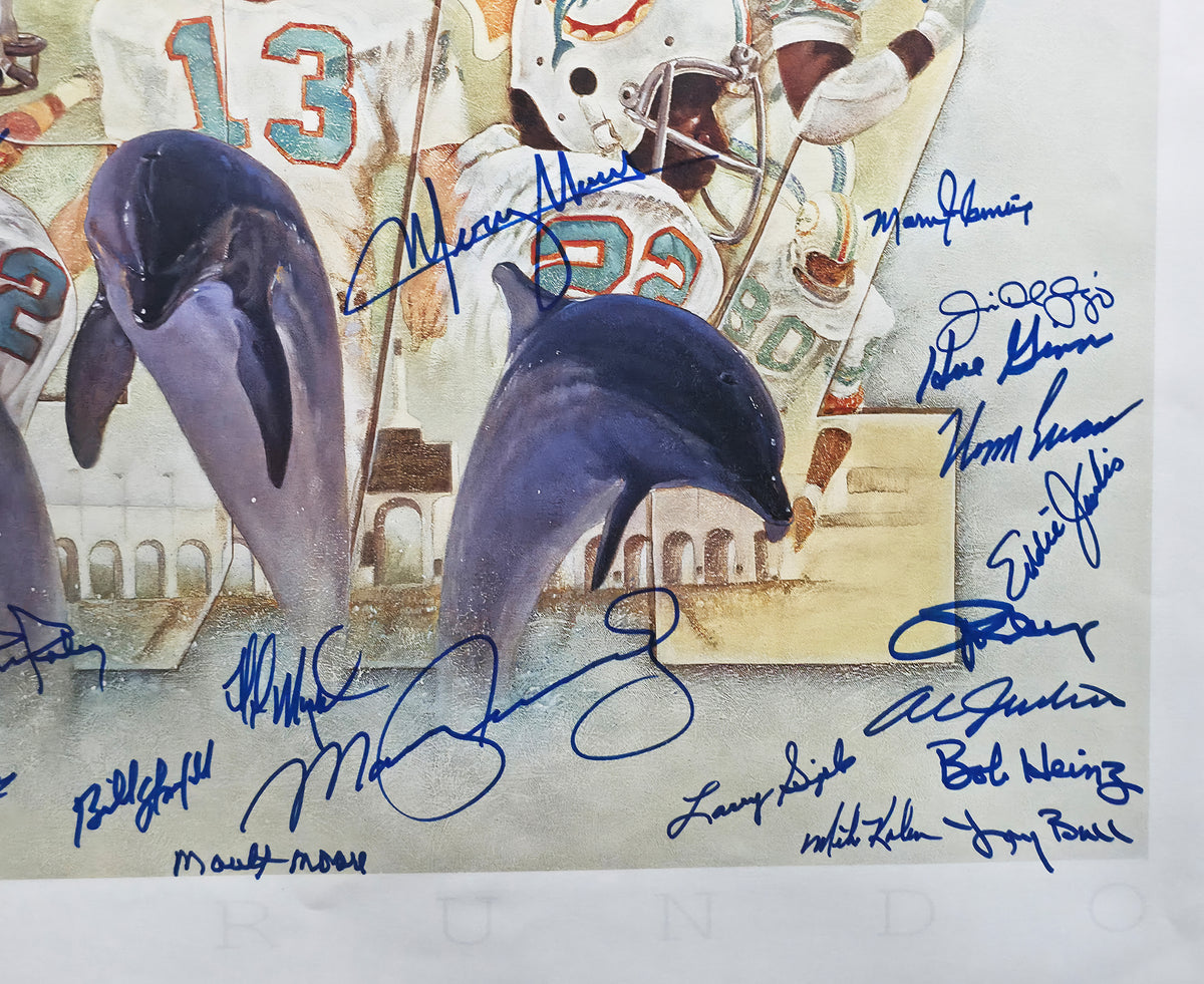 1972 Miami Dolphins Perfect Season Team Autographed Framed 24x24 Lithograph With 40 Signatures Including Don Shula & Bob Griese Fanatics Holo Stock #267823