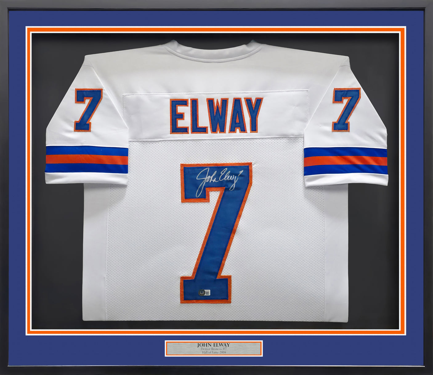 Denver Broncos John Elway Autographed Framed White Jersey Beckett BAS Witness Stock #253342