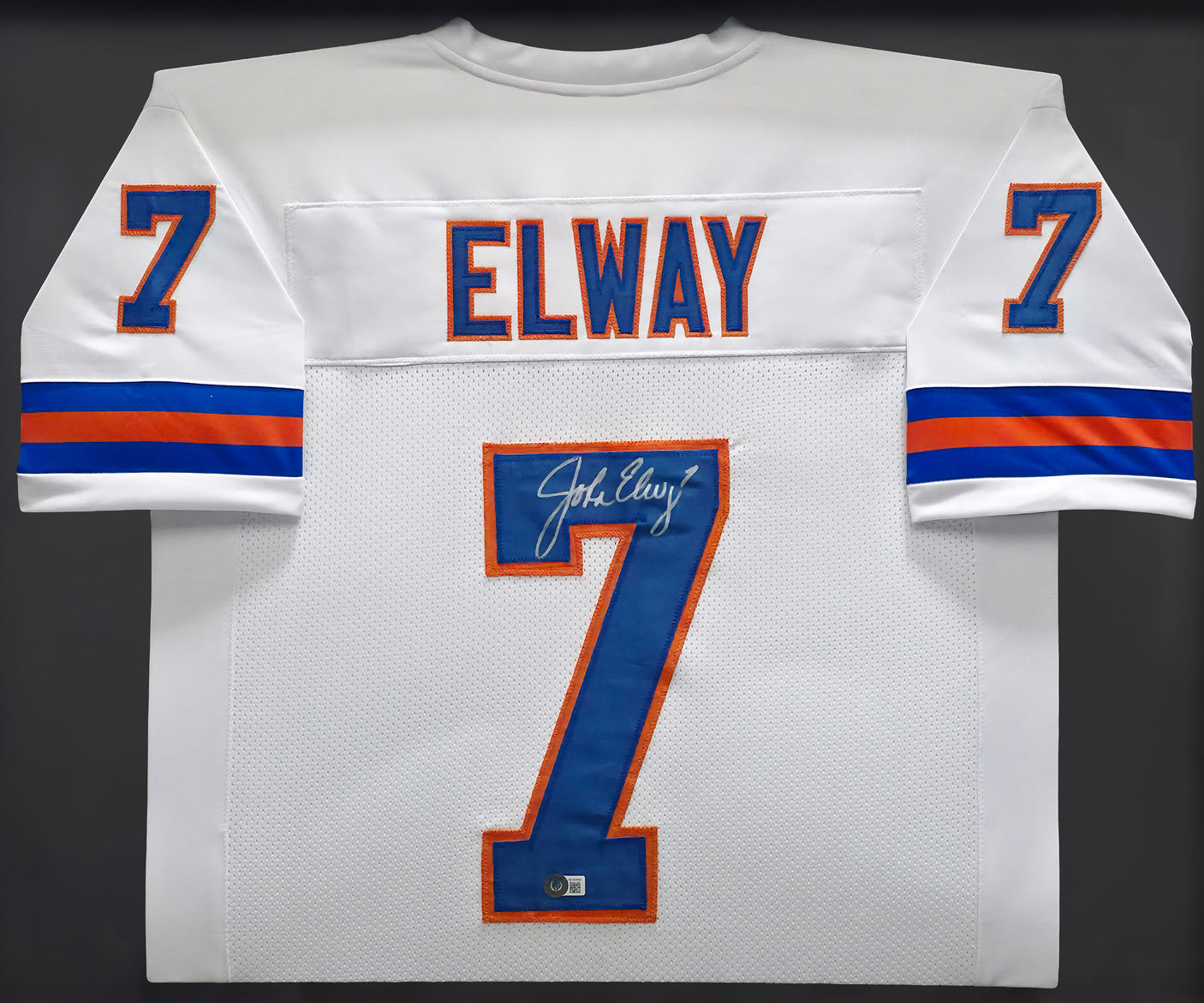 Denver Broncos John Elway Autographed Framed White Jersey Beckett BAS Witness Stock #253342