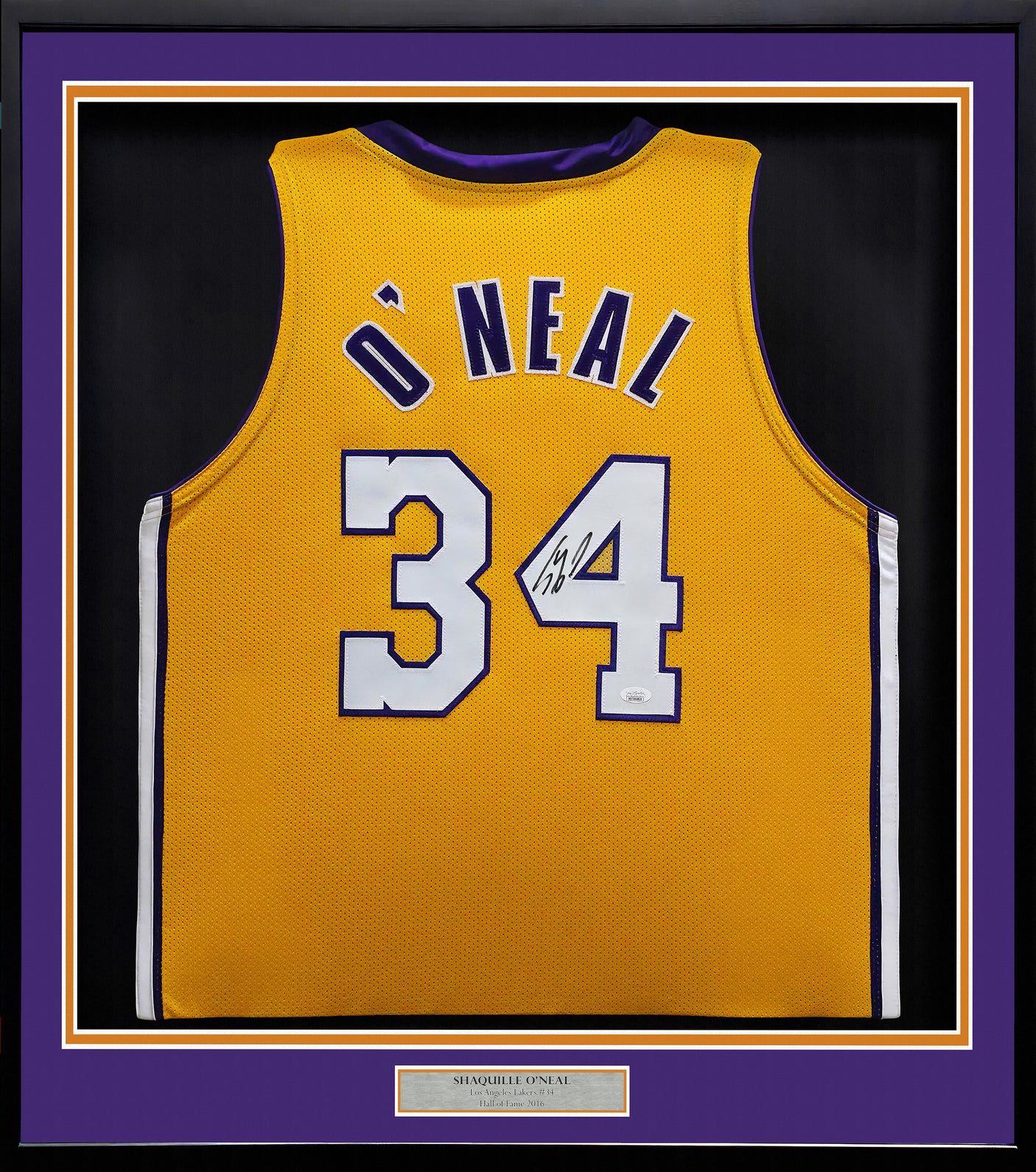 Los Angeles Lakers Shaquille O'Neal Autographed Framed Gold Jersey JSA Witness Stock #253343