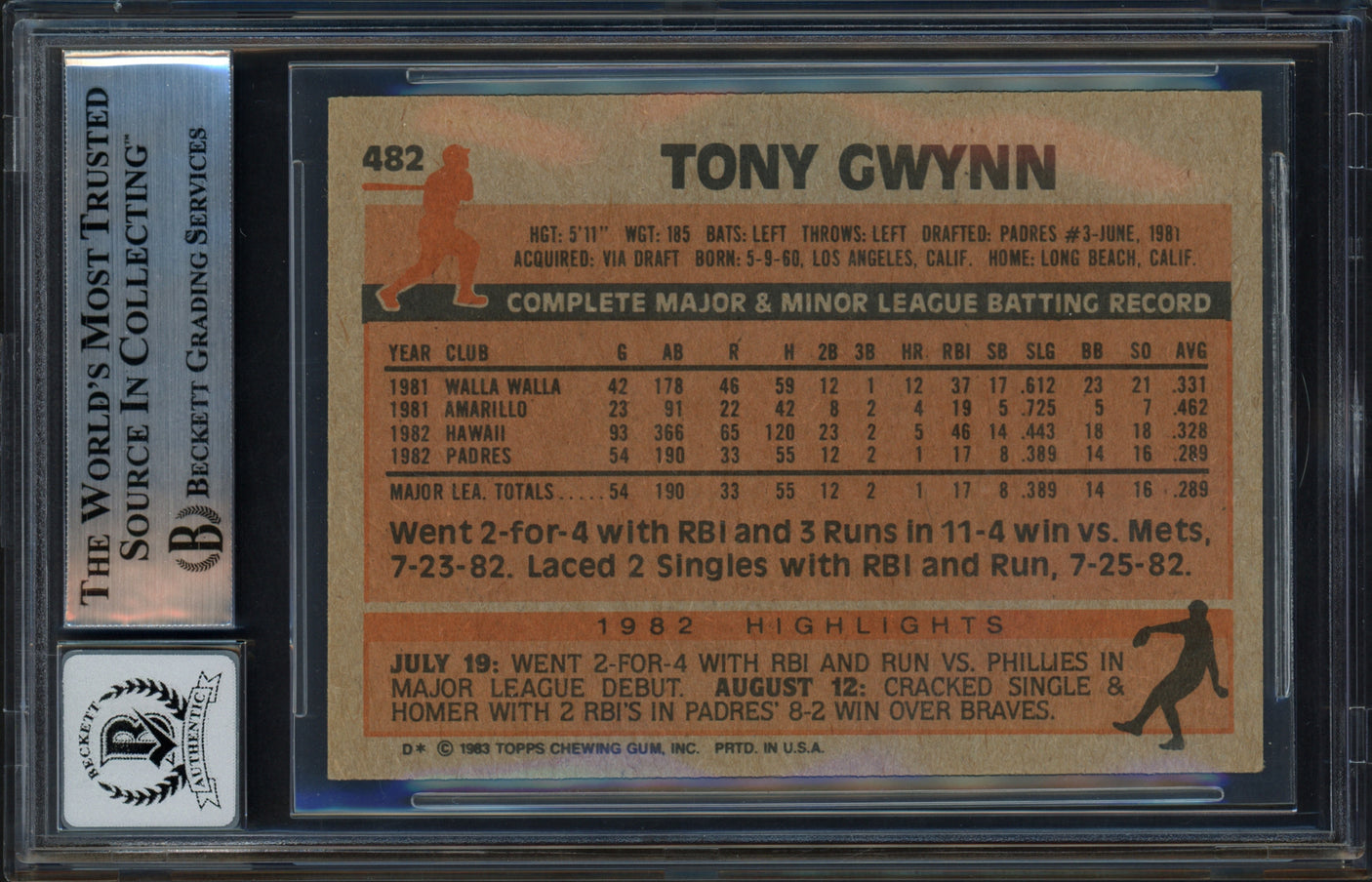 Tony Gwynn Autographed 1983 Topps Rookie Card #482 San Diego Padres Auto Grade Gem Mint 10 (Sticker) Beckett BAS Stock #253728