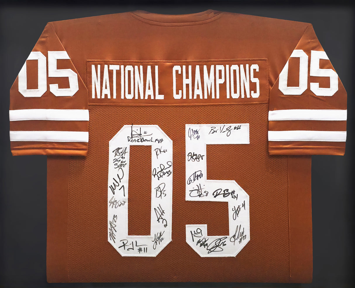 2005 National Champions Texas Longhorns Autographed Framed Orange Jersey With 24 Signatures Including Vince Young Beckett BAS QR Stock #252809