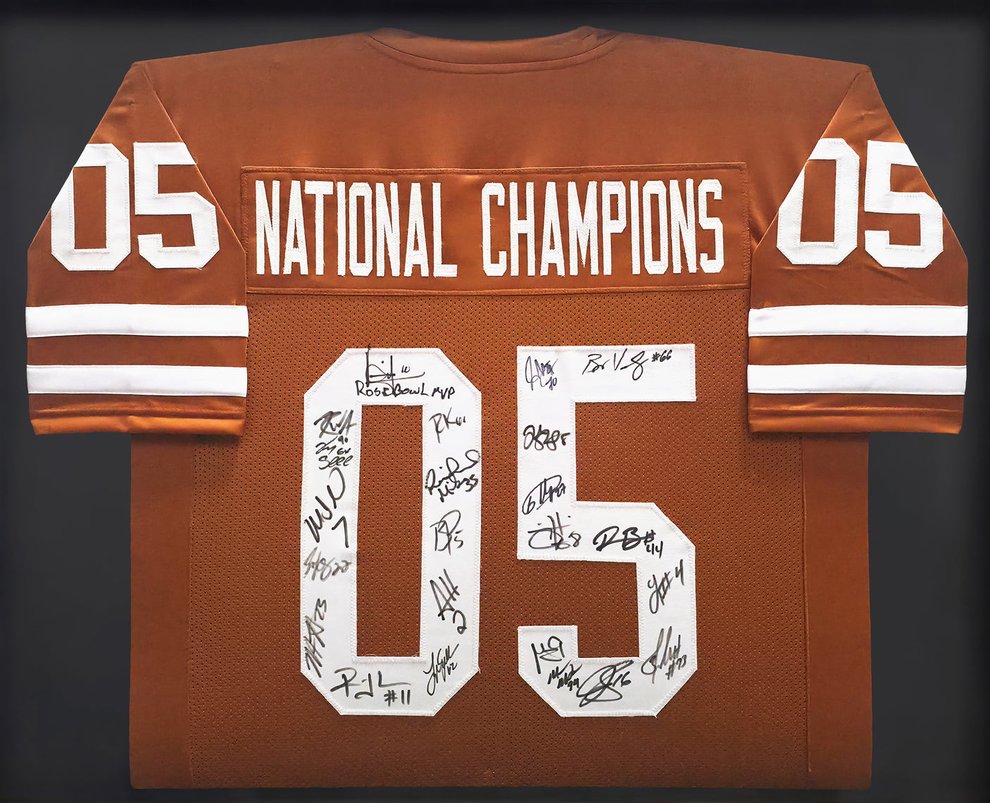 2005 National Champions Texas Longhorns Autographed Framed Orange Jersey With 24 Signatures Including Vince Young Beckett BAS QR Stock #252809