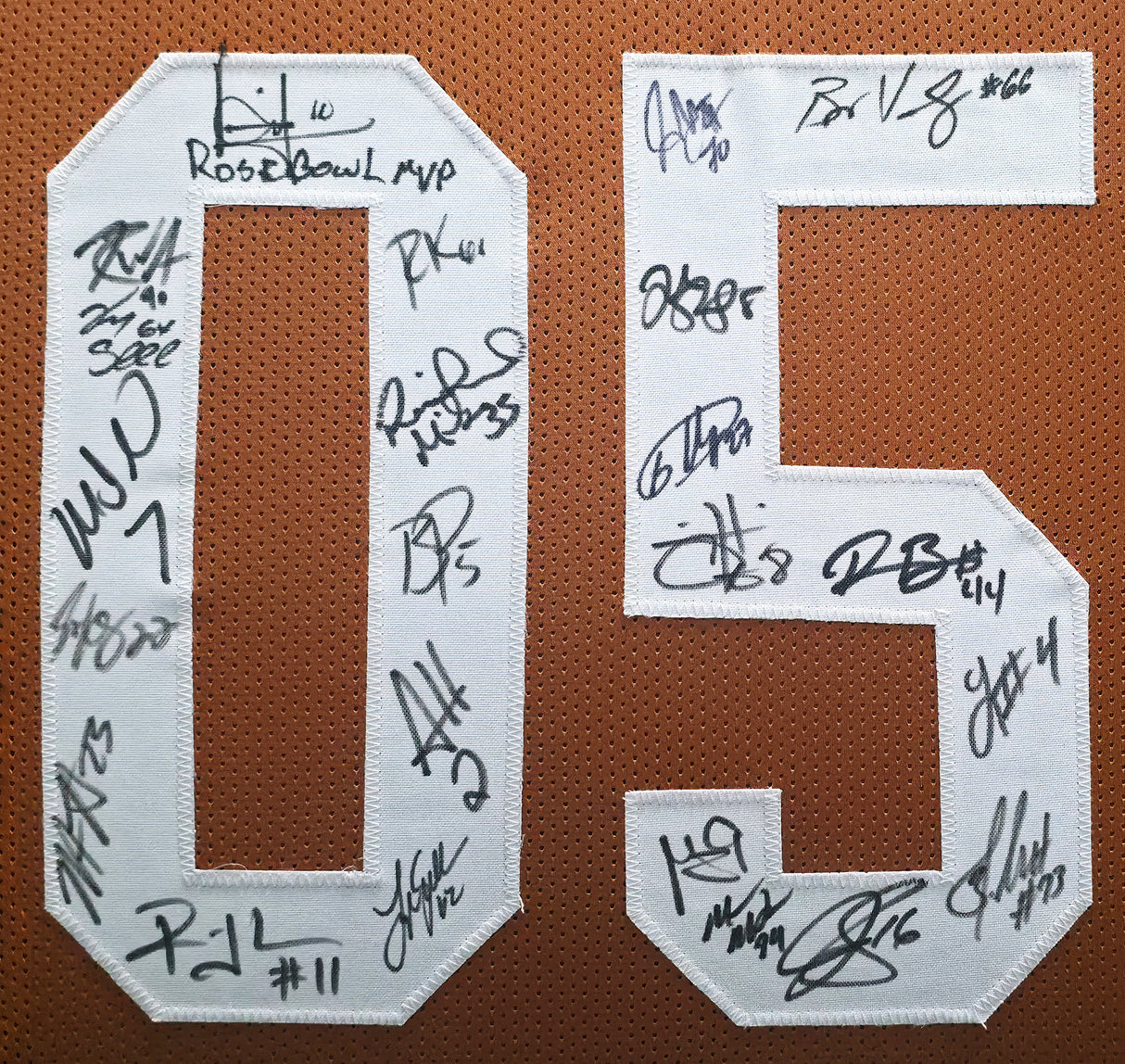 2005 National Champions Texas Longhorns Autographed Framed Orange Jersey With 24 Signatures Including Vince Young Beckett BAS QR Stock #252809