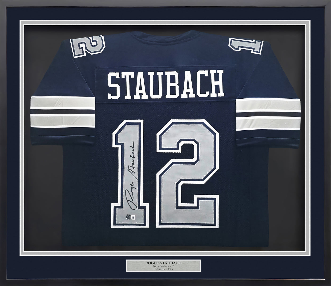 Dallas Cowboys Roger Staubach Autographed Framed Navy Blue Jersey Beckett BAS Witness Stock #252813