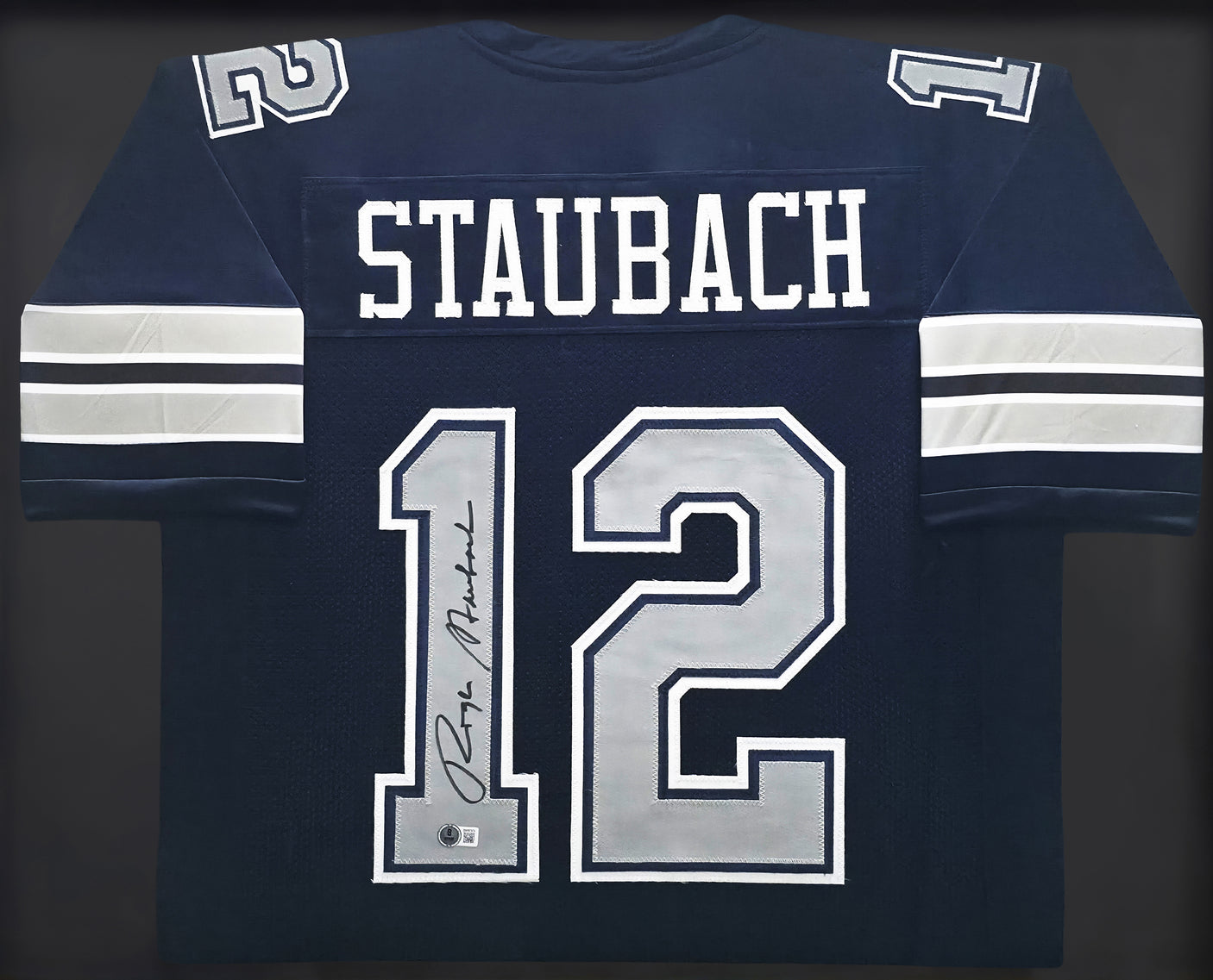Dallas Cowboys Roger Staubach Autographed Framed Navy Blue Jersey Beckett BAS Witness Stock #252813