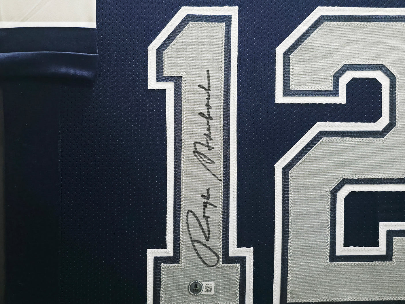Dallas Cowboys Roger Staubach Autographed Framed Navy Blue Jersey Beckett BAS Witness Stock #252813