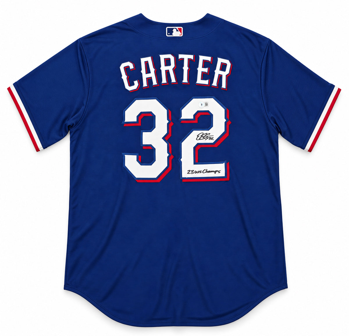 Texas Rangers Evan Carter Autographed Blue Nike Jersey Size XL "23 WS Champs" Beckett BAS Witness Stock #268180