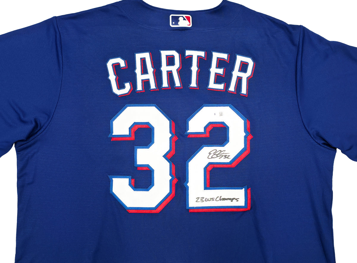 Texas Rangers Evan Carter Autographed Blue Nike Jersey Size XL "23 WS Champs" Beckett BAS Witness Stock #268180