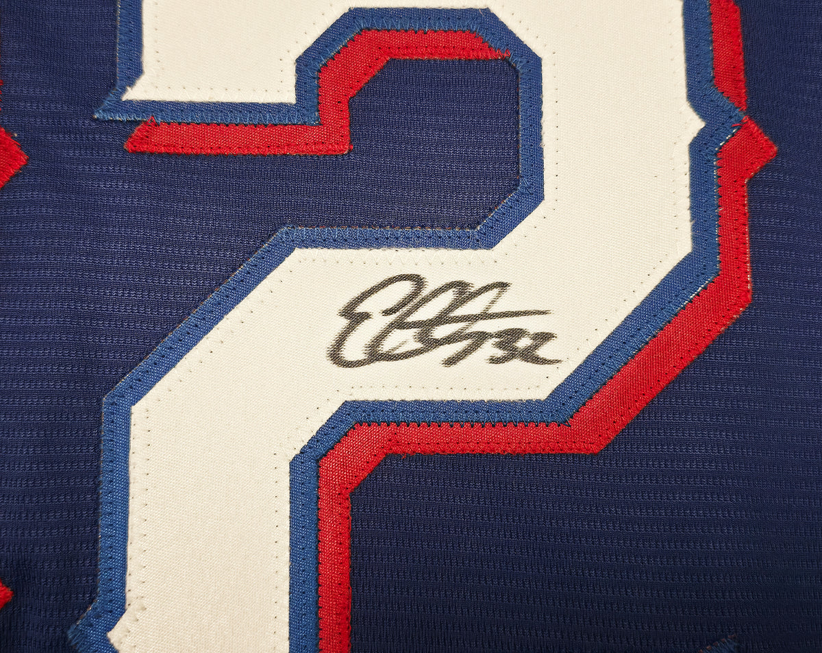 Texas Rangers Evan Carter Autographed Blue Nike Jersey Size XL "23 WS Champs" Beckett BAS Witness Stock #268180