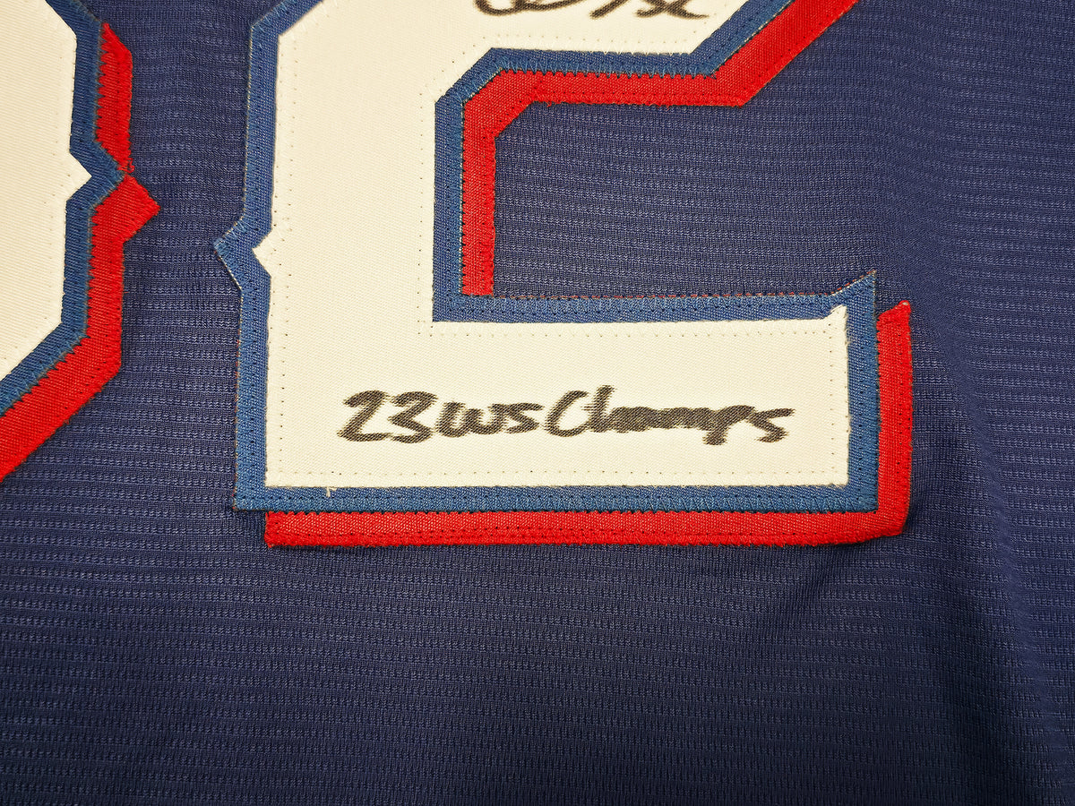 Texas Rangers Evan Carter Autographed Blue Nike Jersey Size XL "23 WS Champs" Beckett BAS Witness Stock #268180