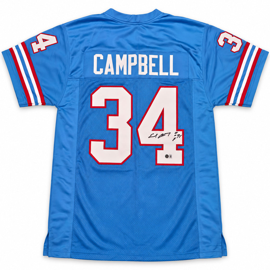 Houston Oilers Earl Campbell Autographed Blue Jersey "HOF 91" Beckett BAS Witness Stock #268187