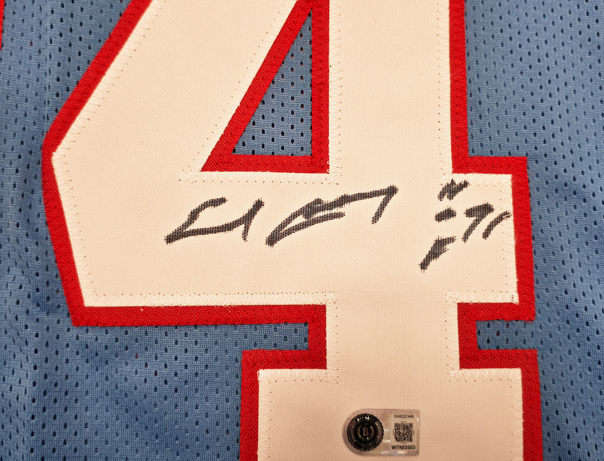 Houston Oilers Earl Campbell Autographed Blue Jersey "HOF 91" Beckett BAS Witness Stock #268187
