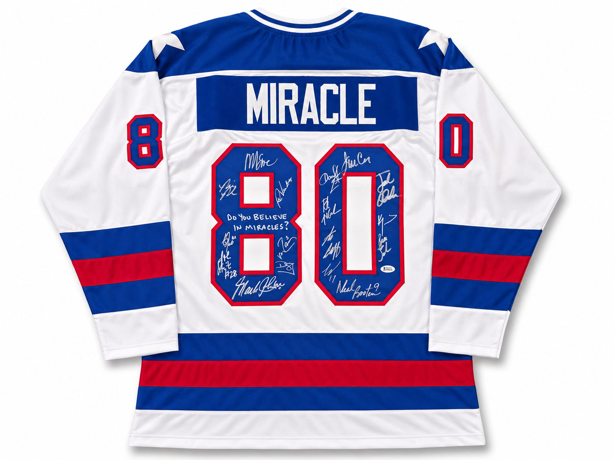 1980 Team USA Miracle on Ice Autographed White Jersey With 17 Signatures Including Mike Eruzione & Jim Craig "Do You Believe in Miracles" JSA Witness Stock #268133