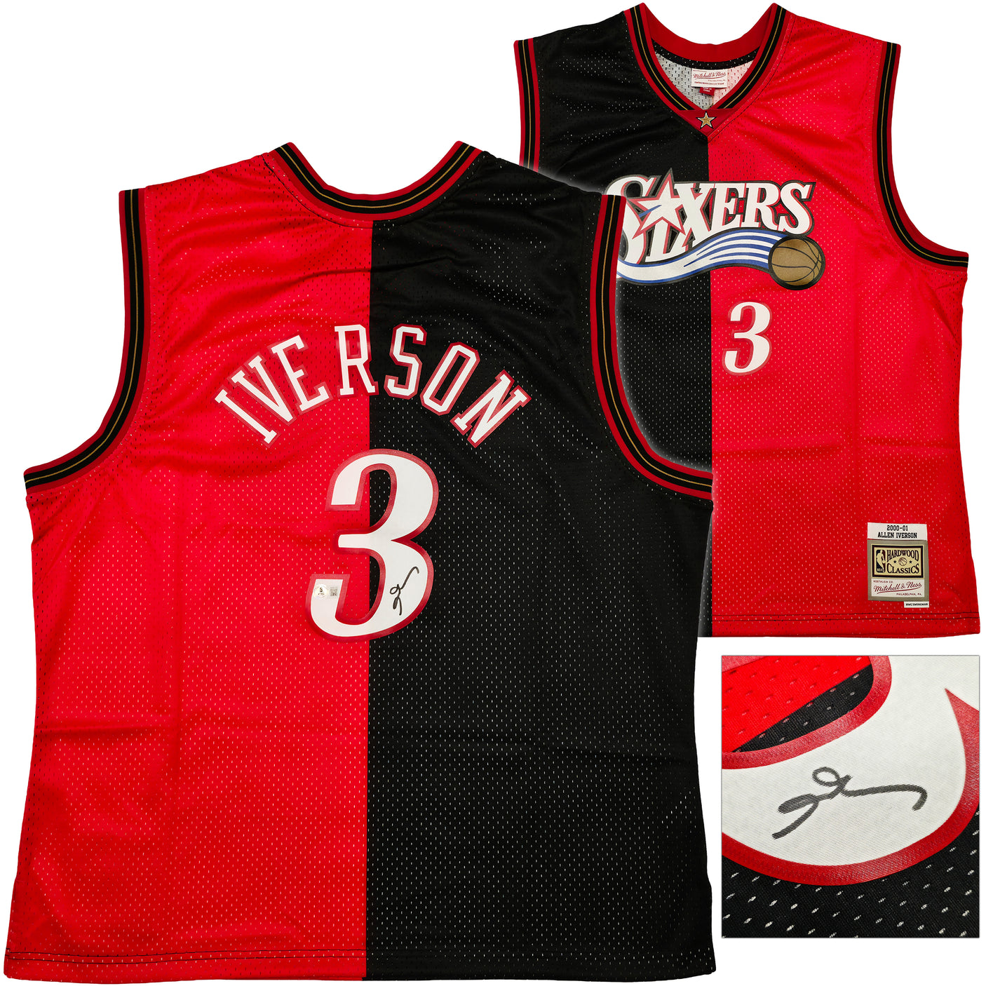 Philadelphia 76ers Allen Iverson Autographed Black & Red Authentic Mitchell & Ness 2000-01 HWC Swingman Split Jersey Size 2XL Beckett BAS Witness Stock #253625