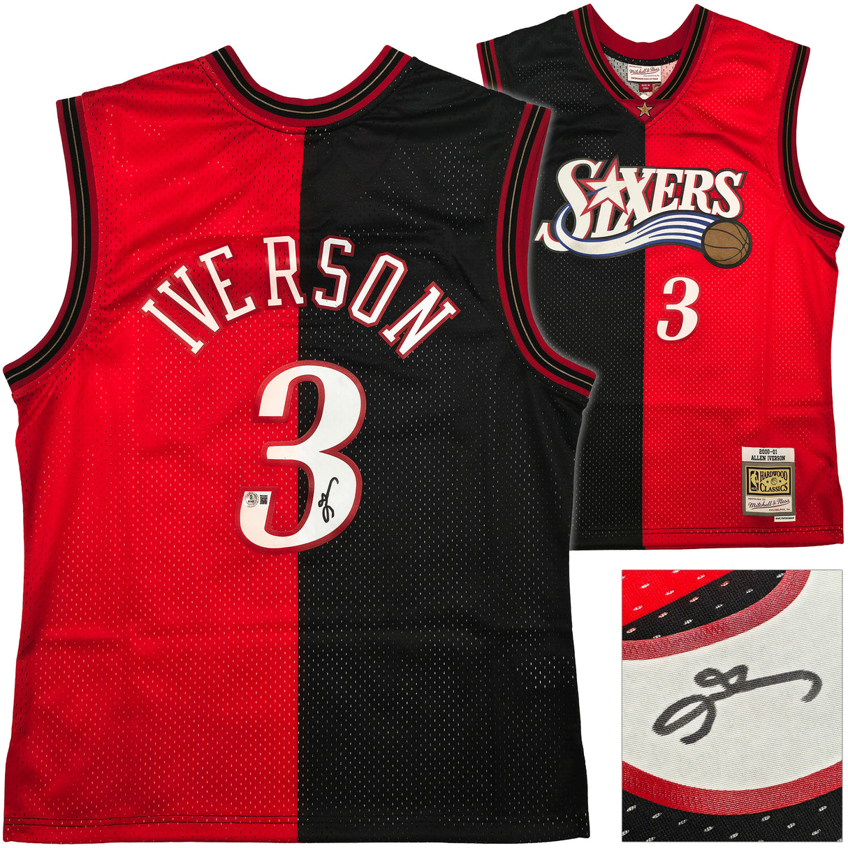 Philadelphia 76ers Allen Iverson Autographed Black & Red Authentic Mitchell & Ness 2000-01 HWC Swingman Split Jersey Size L Beckett BAS Witness Stock #253623