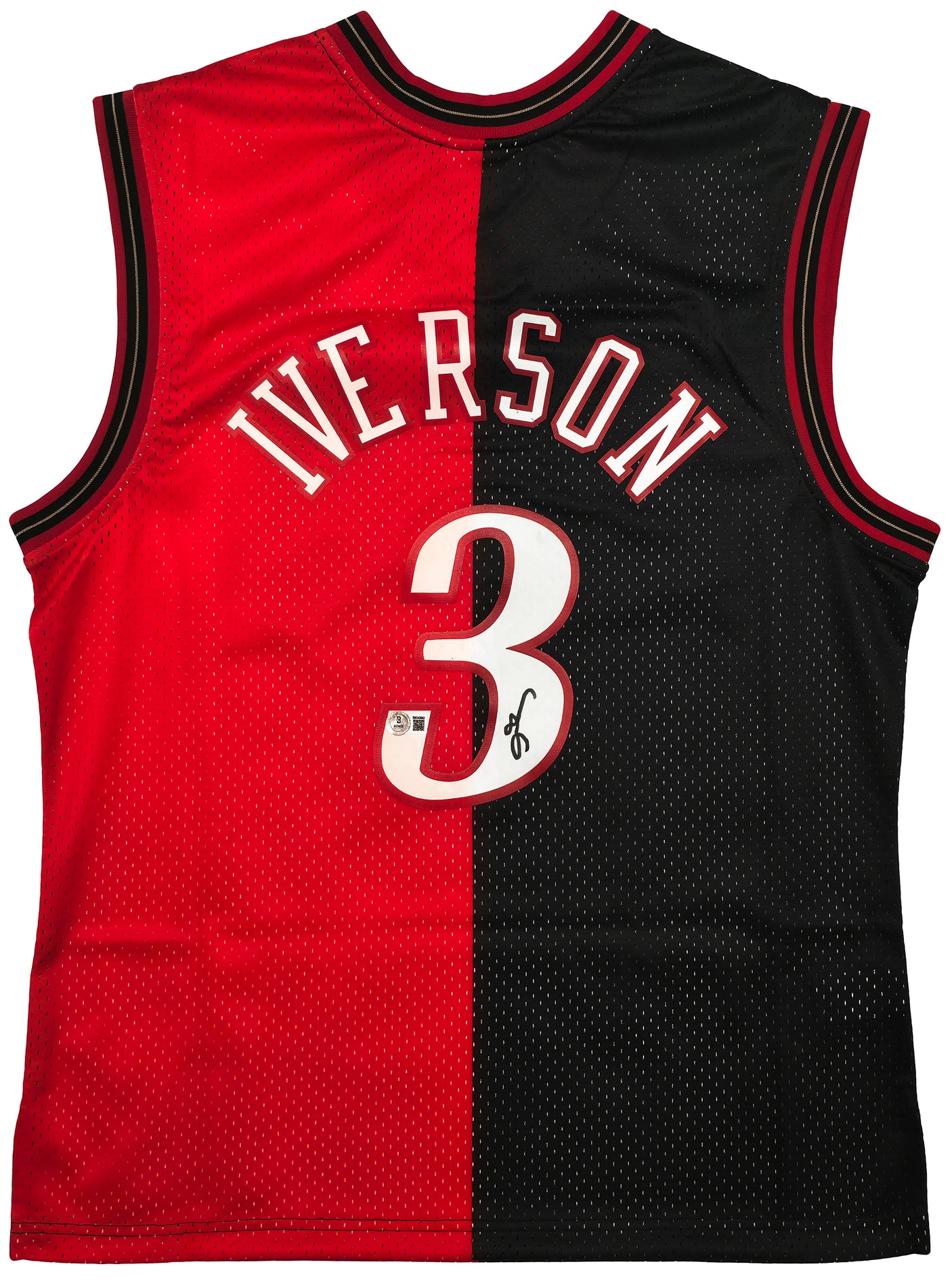 Philadelphia 76ers Allen Iverson Autographed Black & Red Authentic Mitchell & Ness 2000-01 HWC Swingman Split Jersey Size L Beckett BAS Witness Stock #253623
