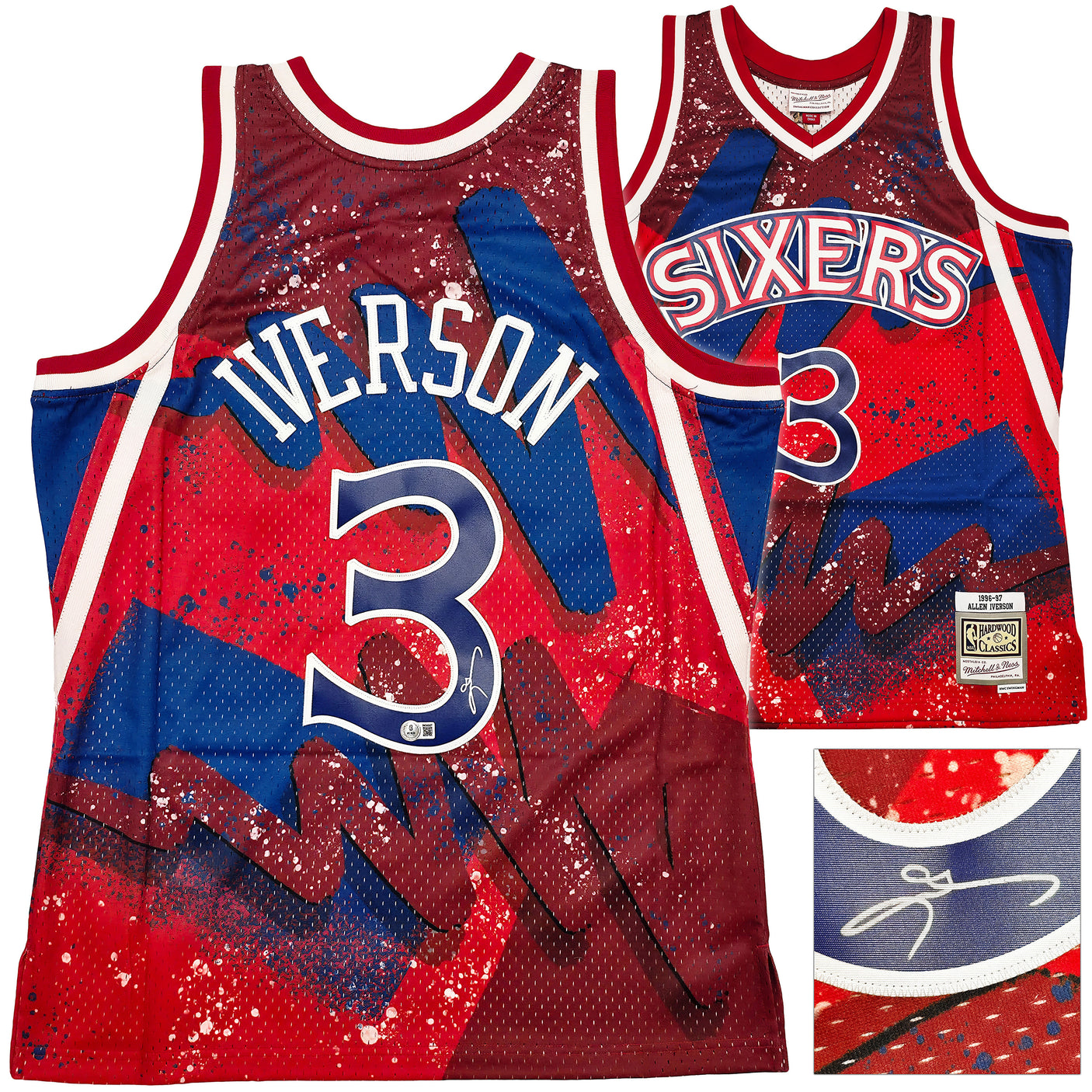 Philadelphia 76ers Allen Iverson Autographed Red Authentic Mitchell & Ness 1996-97 HWC Swingman Hyper Hoops Jersey Size L Beckett BAS Witness Stock #253628