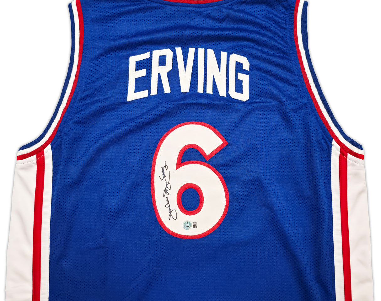 Philadelphia 76ers Julius "Dr. J" Erving Autographed Blue Jersey Beckett BAS Witness Stock #253703