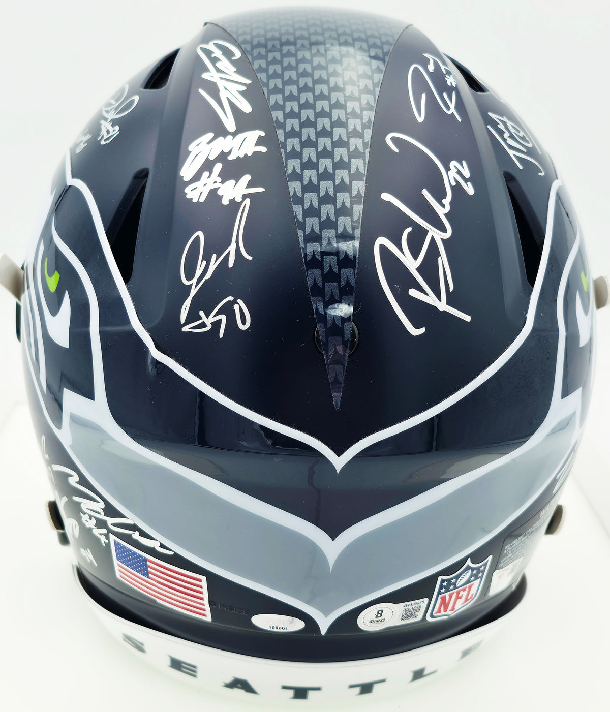 Seattle Seahawks Super Bowl LX Champions Autographed Blue Full Size SpeedFlex Authentic Helmet With 28 Signatures Including Sam Darnold & Jaxon Smith-Njigba Beckett BAS Witness Stock #268080