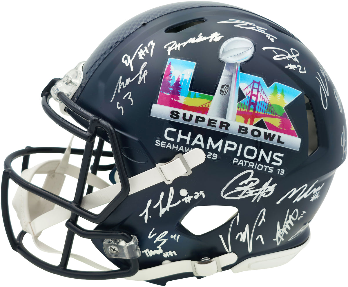 Seattle Seahawks Super Bowl LX Champions Autographed Blue Full Size SB LX Champs Logo Speed Authentic Helmet With 28 Signatures Including Sam Darnold & Jaxon Smith-Njigba Beckett BAS Witness Stock #268081