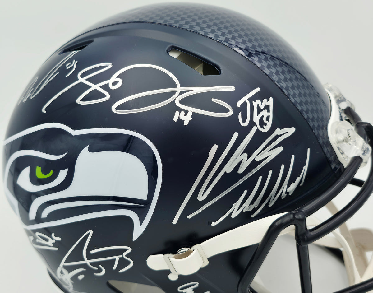 Seattle Seahawks Super Bowl LX Champions Autographed Blue Full Size SB LX Champs Logo Speed Authentic Helmet With 28 Signatures Including Sam Darnold & Jaxon Smith-Njigba Beckett BAS Witness Stock #268081