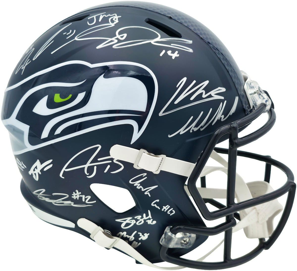 Seattle Seahawks Super Bowl LX Champions Autographed Blue Full Size SB LX Champs Logo Speed Replica Helmet With 28 Signatures Including Sam Darnold & Jaxon Smith-Njigba Beckett BAS Witness Stock #268082