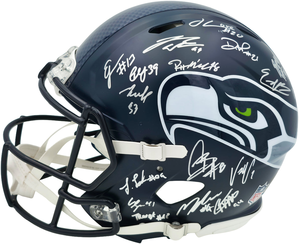 Seattle Seahawks Super Bowl LX Champions Autographed Blue Full Size Speed Authentic Helmet With 28 Signatures Including Sam Darnold & Jaxon Smith-Njigba Beckett BAS Witness Stock #268083