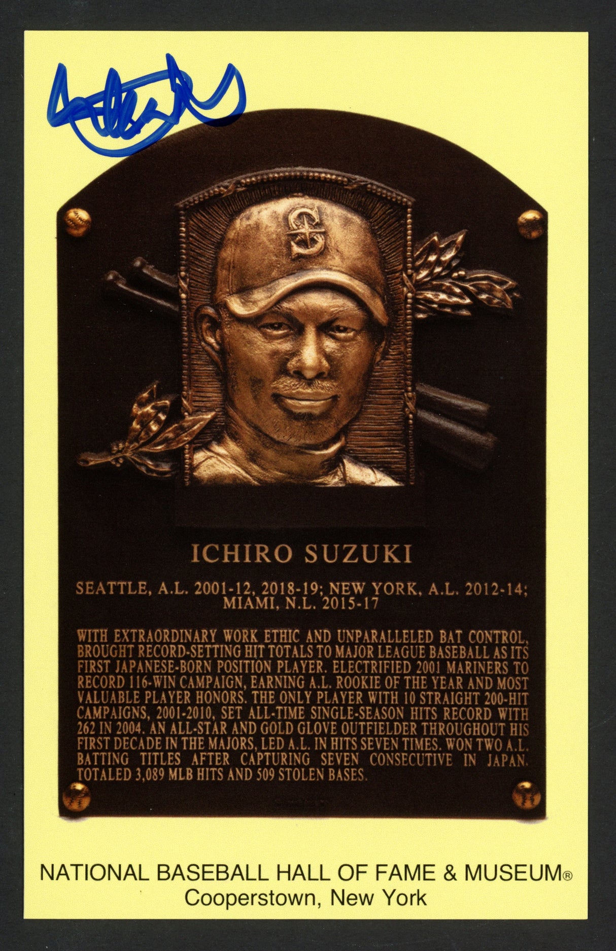 Ichiro Suzuki Autographed Hall of Fame HOF Plaque Postcard (Postmark) Seattle Mariners Beckett BAS Witness Stock #254321