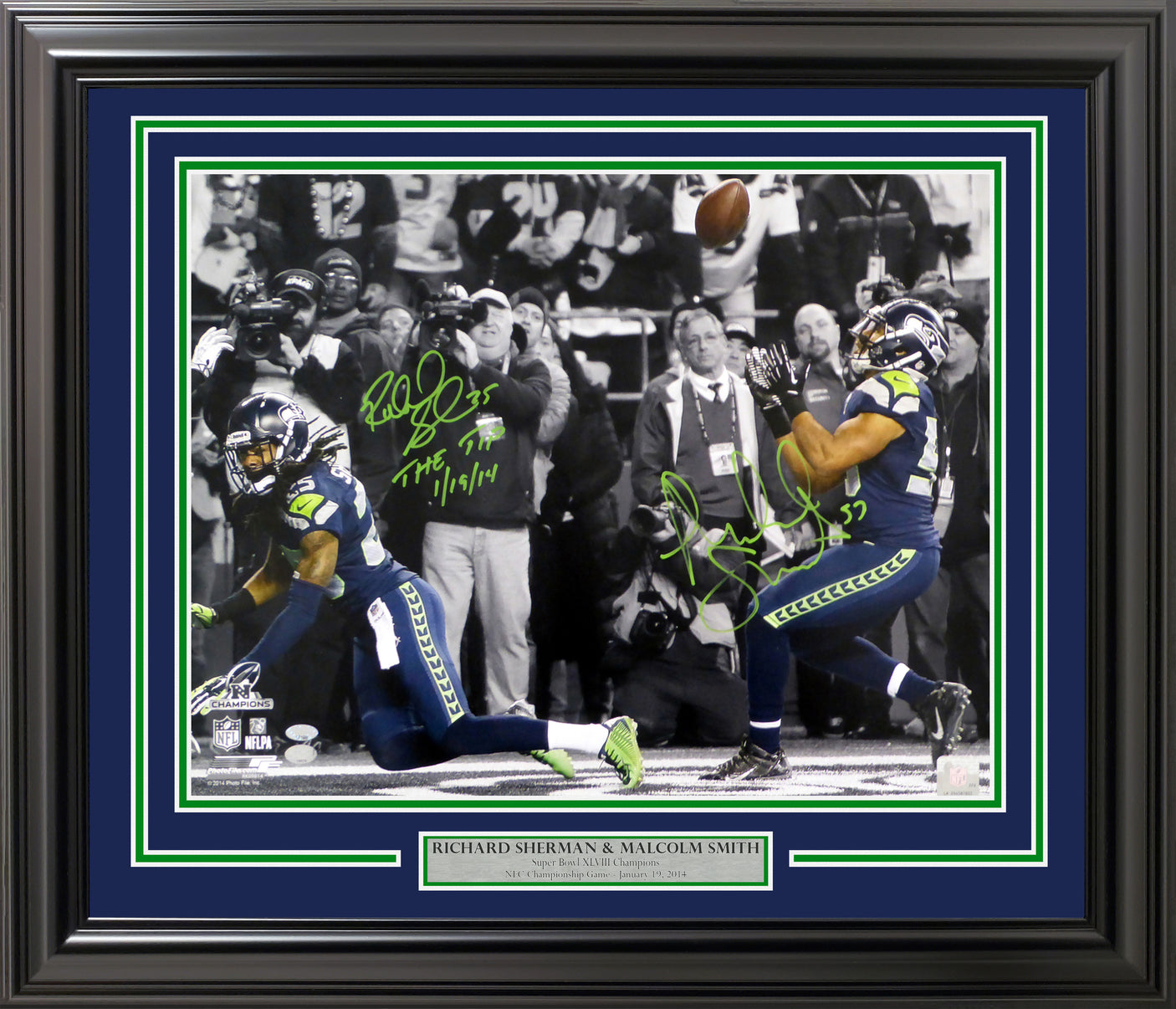Richard Sherman & Malcolm Smith Autographed Framed 16x20 Photo Seattle Seahawks "The Tip 1/19/14" MCS Holo Stock #254255