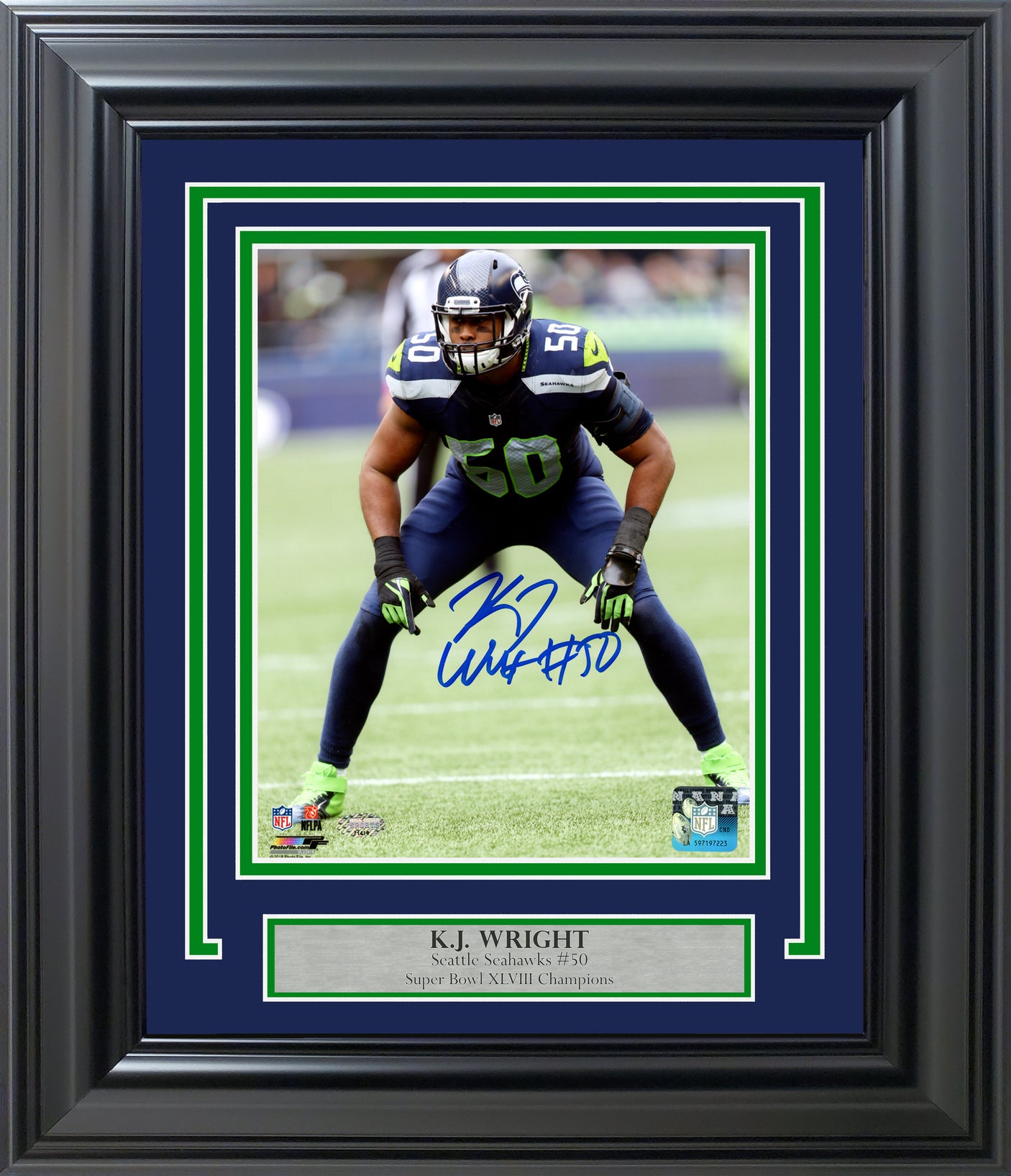 K.J. KJ Wright Autographed Framed 8x10 Photo Seattle Seahawks MCS Holo Stock #254282