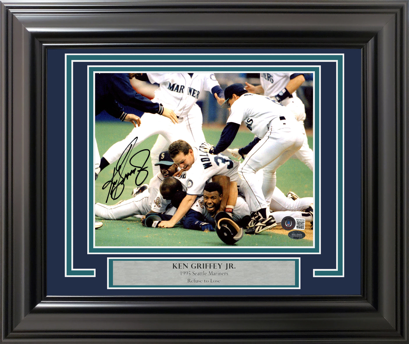 Ken Griffey Jr. Autographed Framed 8x10 Photo Seattle Mariners 1995 Dogpile Beckett BAS QR Stock #254283