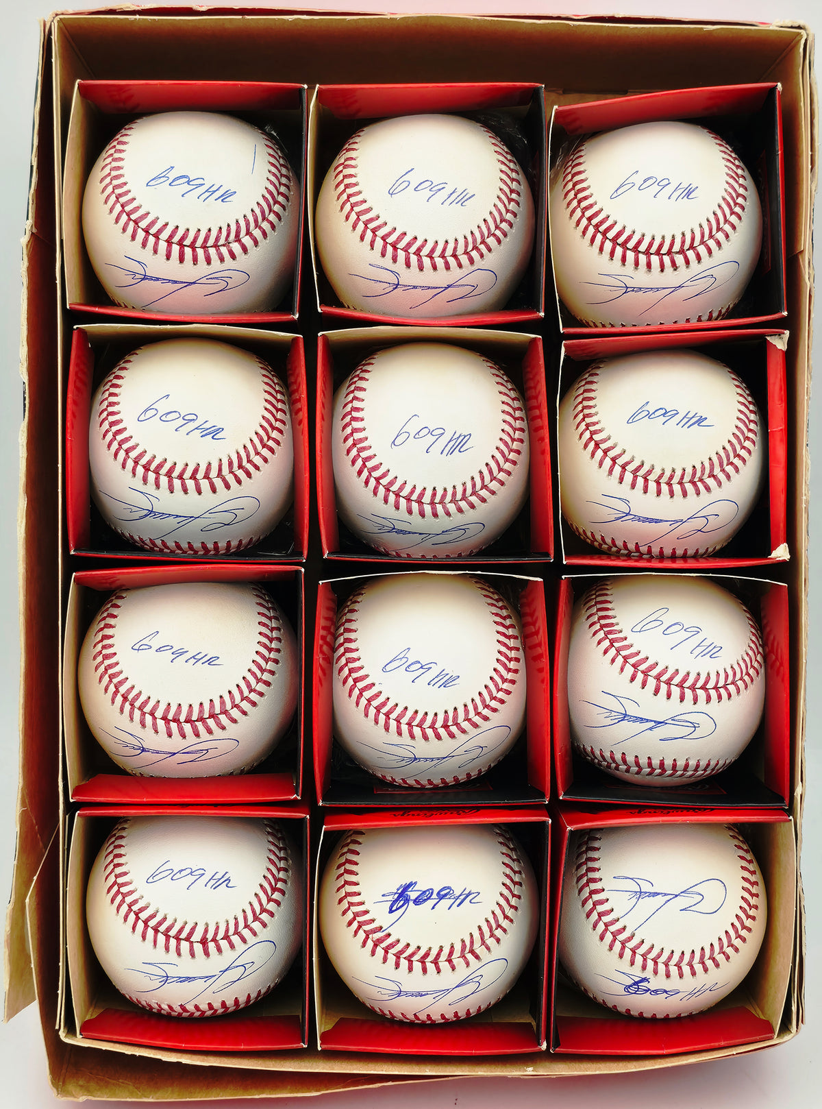 Sammy Sosa Autographed Rawlings Official MLB Baseball 12 Count Lot Chicago Cubs "609 HR & 98 NL MVP" (Damaged) Beckett BAS Witness Stock #268006