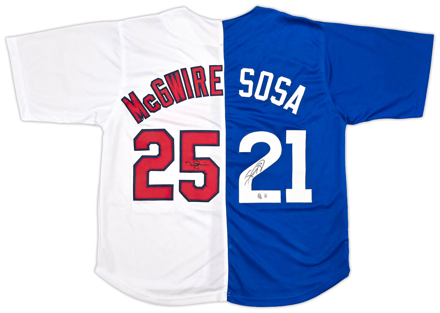 Mark McGwire & Sammy Sosa Autographed Red, White & Blue Jersey St. Louis Cardinals, Chicago Cubs Beckett BAS Witness Stock #253589