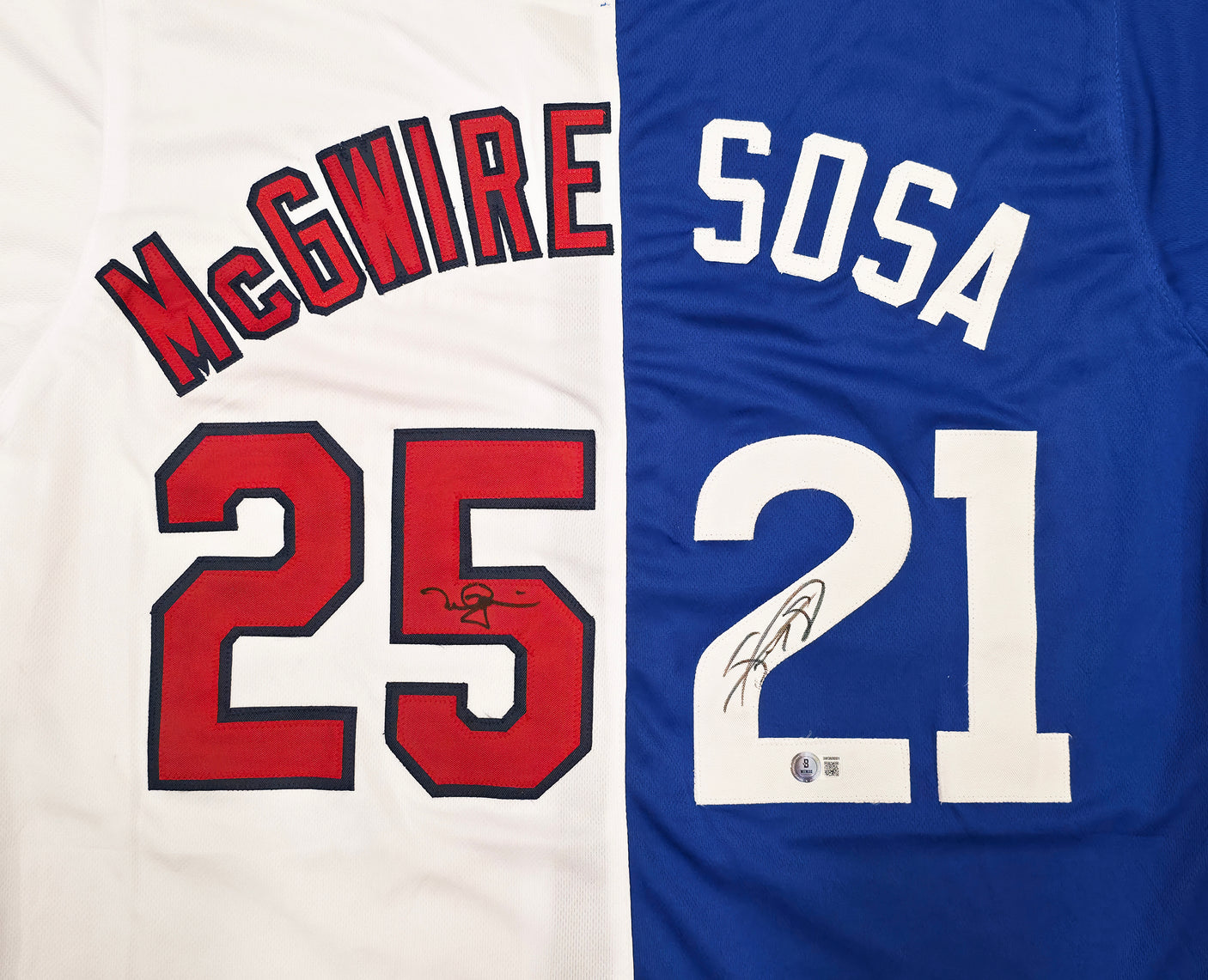 Mark McGwire & Sammy Sosa Autographed Red, White & Blue Jersey St. Louis Cardinals, Chicago Cubs Beckett BAS Witness Stock #253589