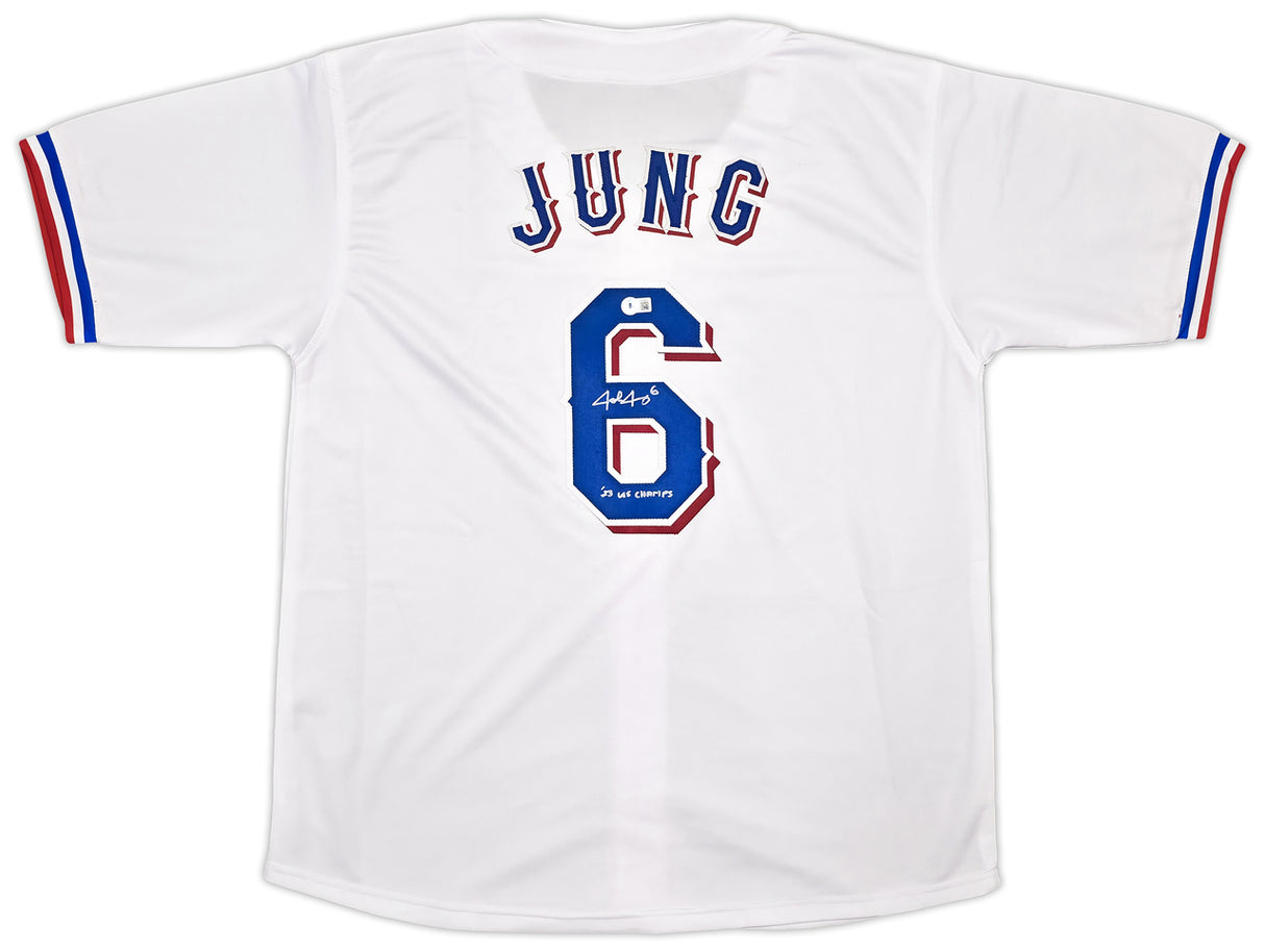 Texas Rangers Josh Jung Autographed White Jersey "23 WS Champs" Beckett BAS Witness Stock #253564