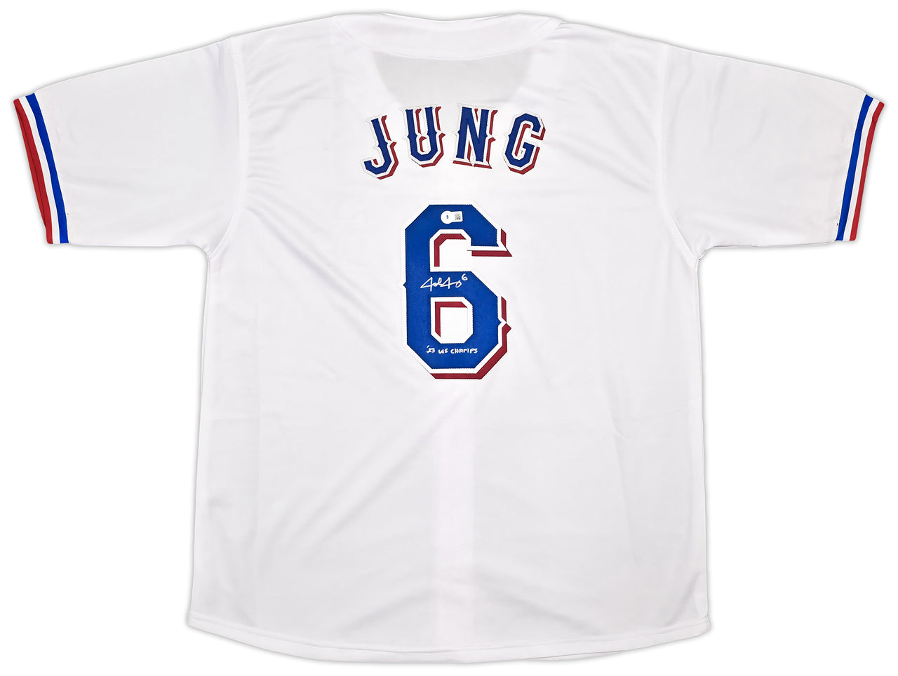 Texas Rangers Josh Jung Autographed White Jersey "23 WS Champs" Beckett BAS Witness Stock #253564