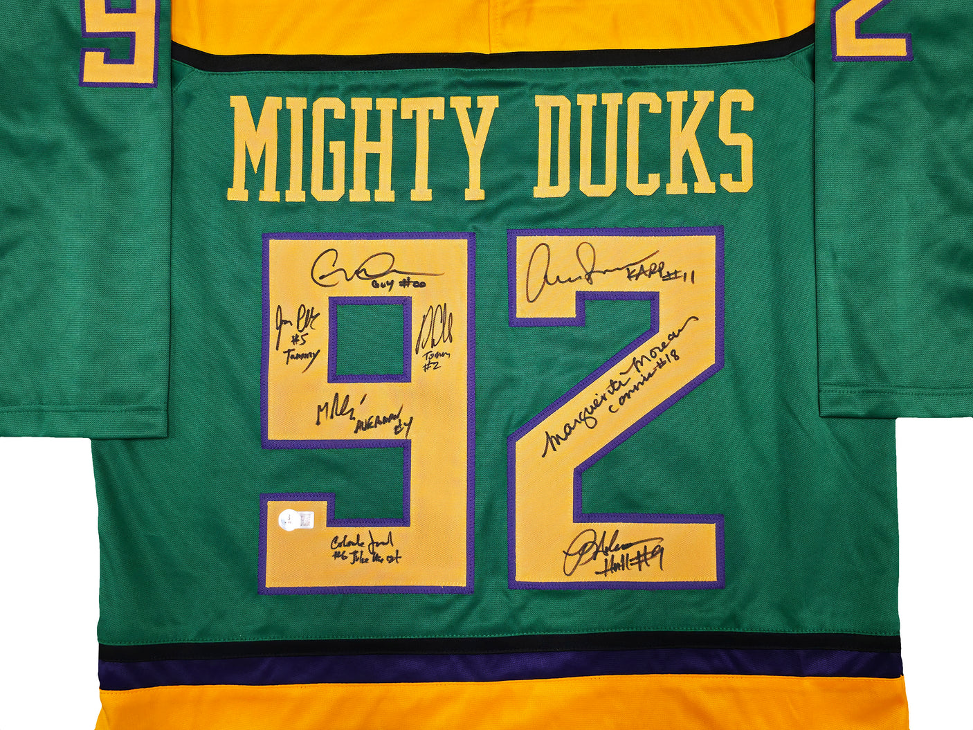 The Mighty Ducks Cast Autographed Green Hockey Sweater Jersey With 8 Signatures Beckett BAS Witness Stock #253582