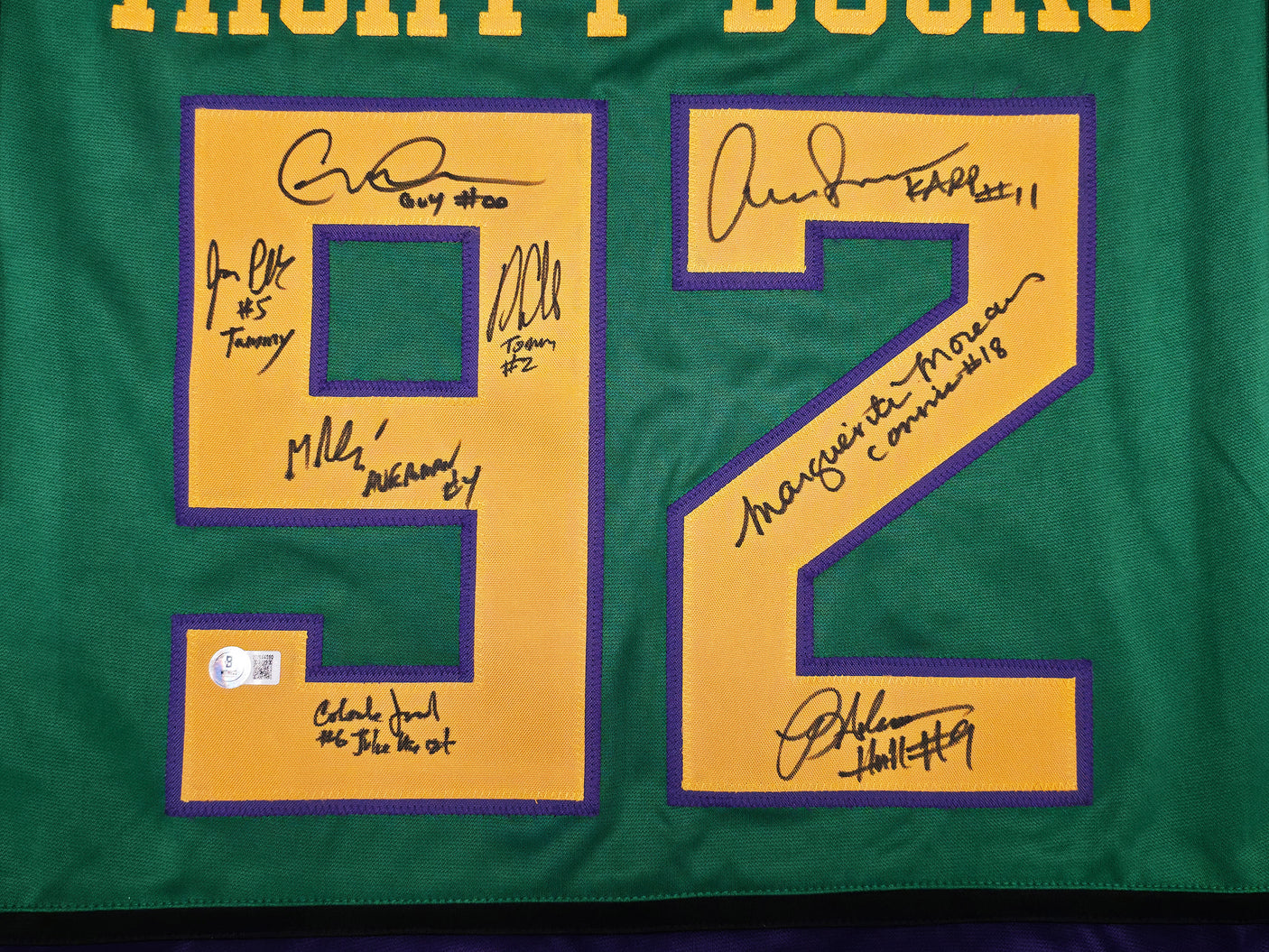 The Mighty Ducks Cast Autographed Green Hockey Sweater Jersey With 8 Signatures Beckett BAS Witness Stock #253582