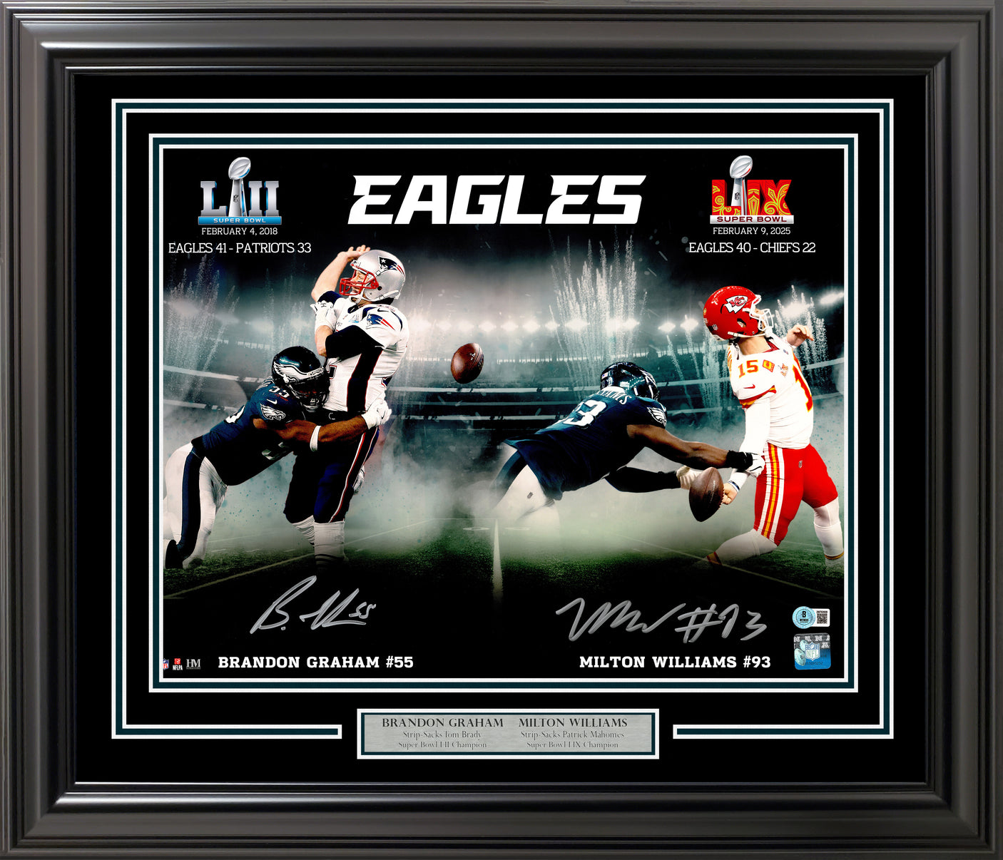 Brandon Graham & Milton Williams Autographed Framed 16x20 Photo Philadelphia Eagles Super Bowl Strip Sack Fumble Collage Beckett BAS Witness Stock #252817