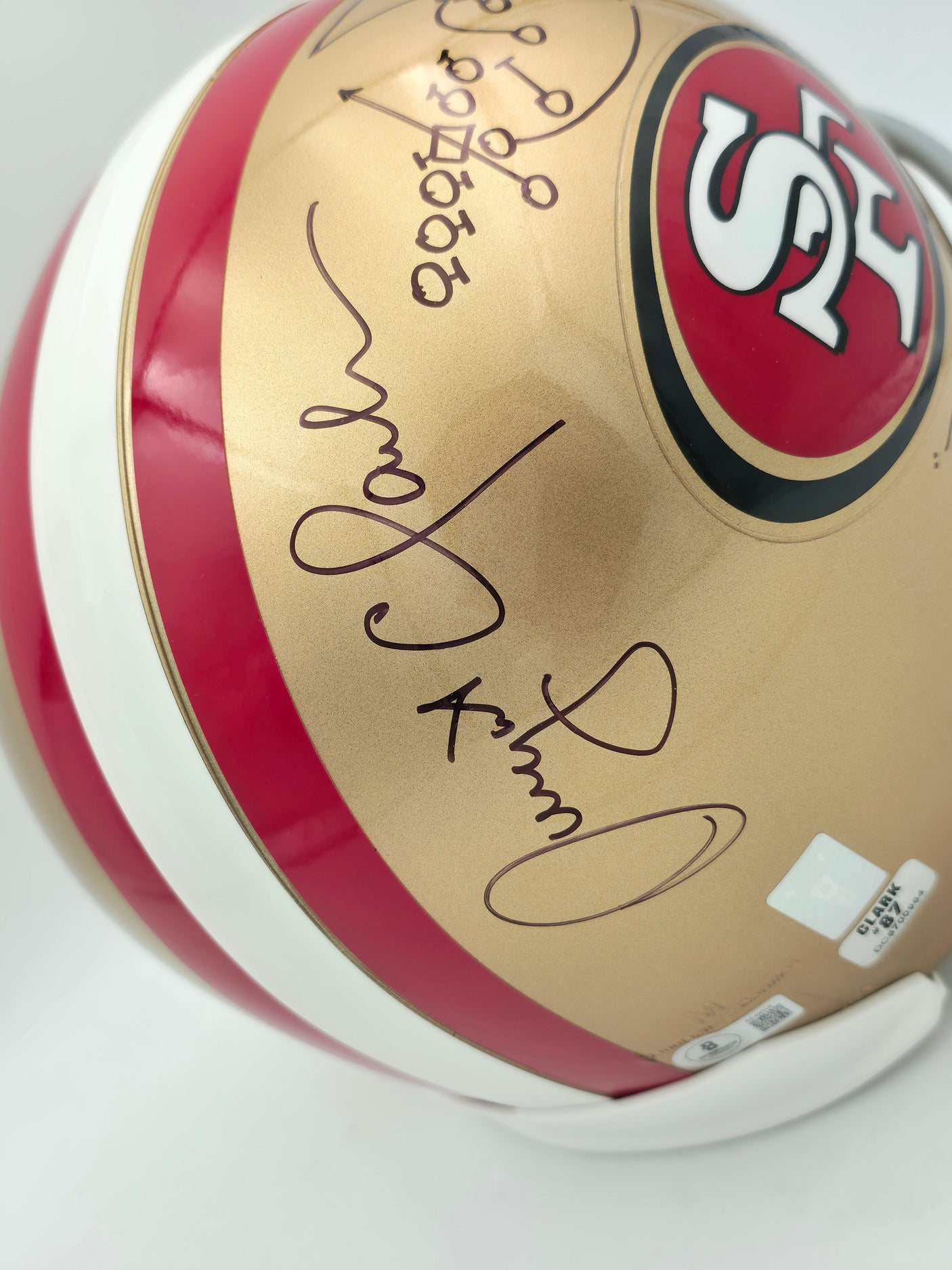 Joe Montana & Dwight Clark Autographed San Francisco 49ers Gold Full Size Replica Helmet "The Catch Play Sketch" Beckett BAS Stock #255469