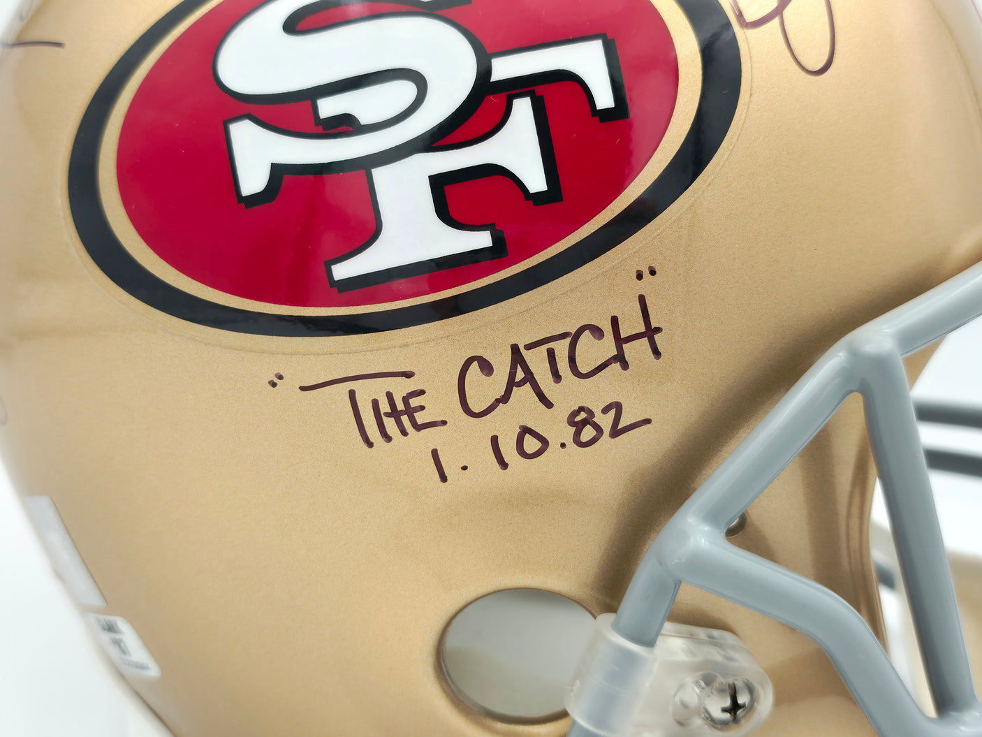 Joe Montana & Dwight Clark Autographed San Francisco 49ers Gold Full Size Replica Helmet "The Catch Play Sketch" Beckett BAS Stock #255469