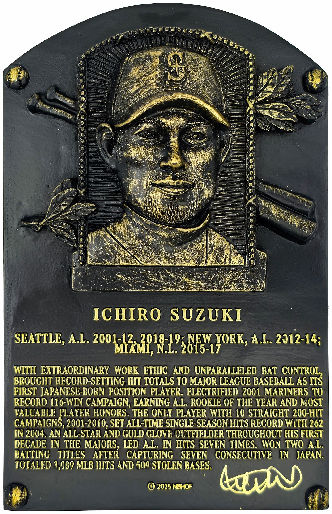 Ichiro Suzuki Autographed Replica Hall of Fame HOF Plaque Seattle Mariners IS Holo & Beckett BAS Witness Stock #254351