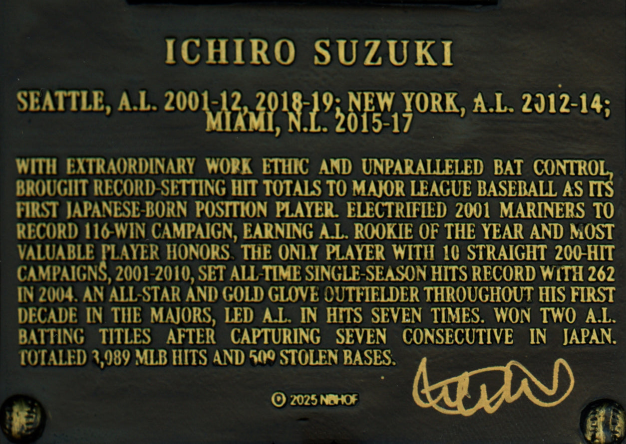 Ichiro Suzuki Autographed Replica Hall of Fame HOF Plaque Seattle Mariners IS Holo & Beckett BAS Witness Stock #254351