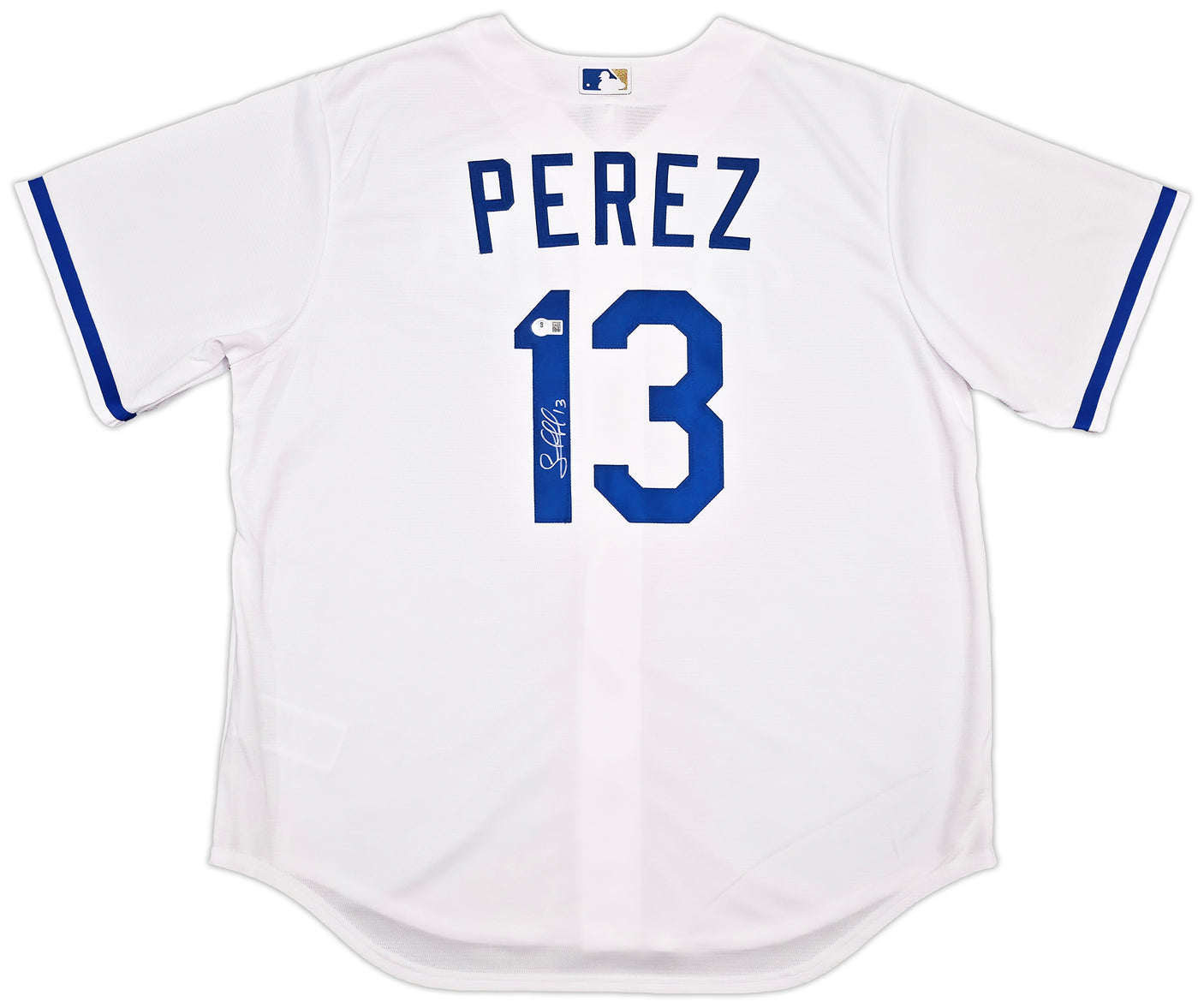 Kansas City Royals Salvador Perez Autographed White Nike Jersey Size XL Beckett BAS Witness Stock #254168