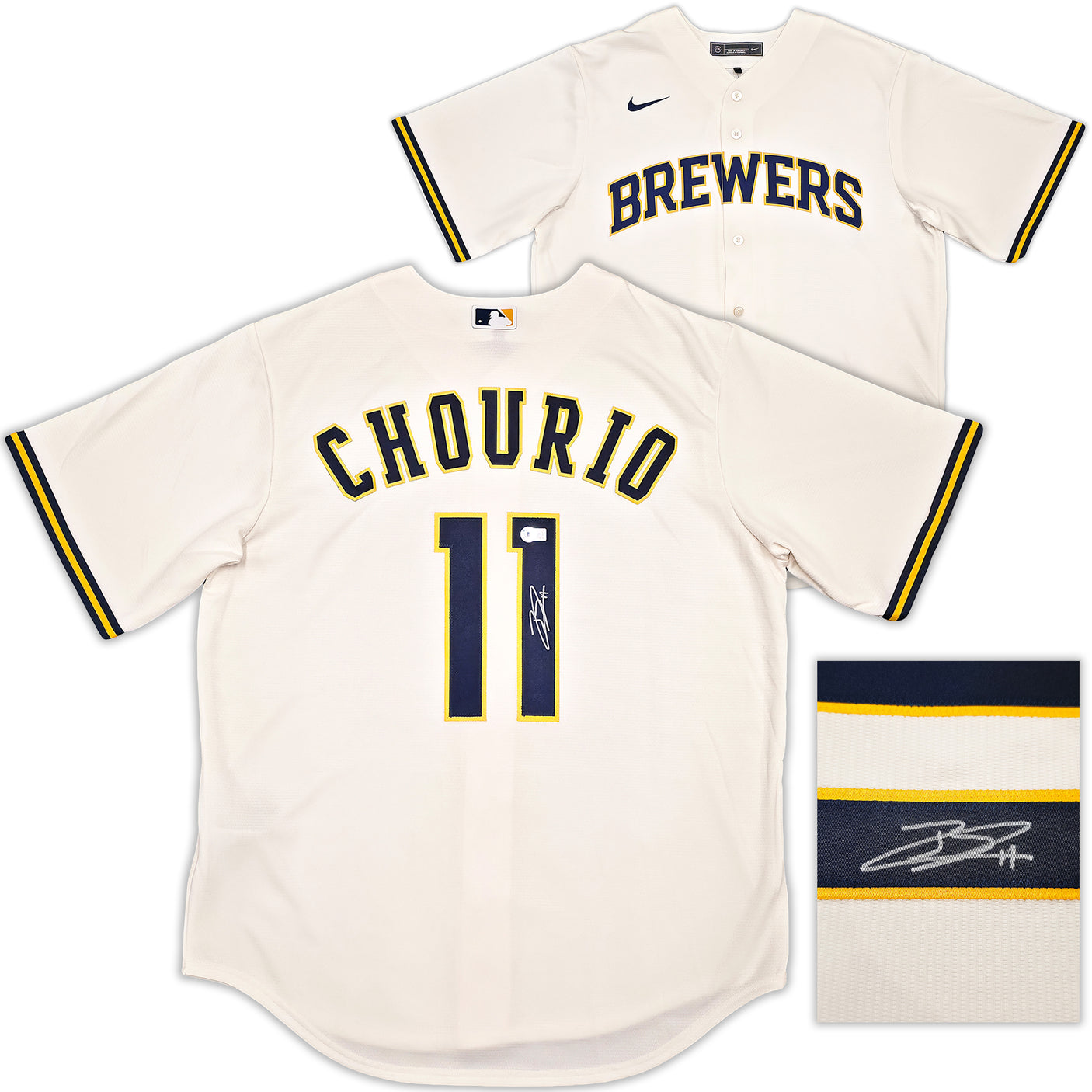 Milwaukee Brewers Jackson Chourio Autographed Cream Nike Jersey Size L Beckett BAS QR Stock #254434