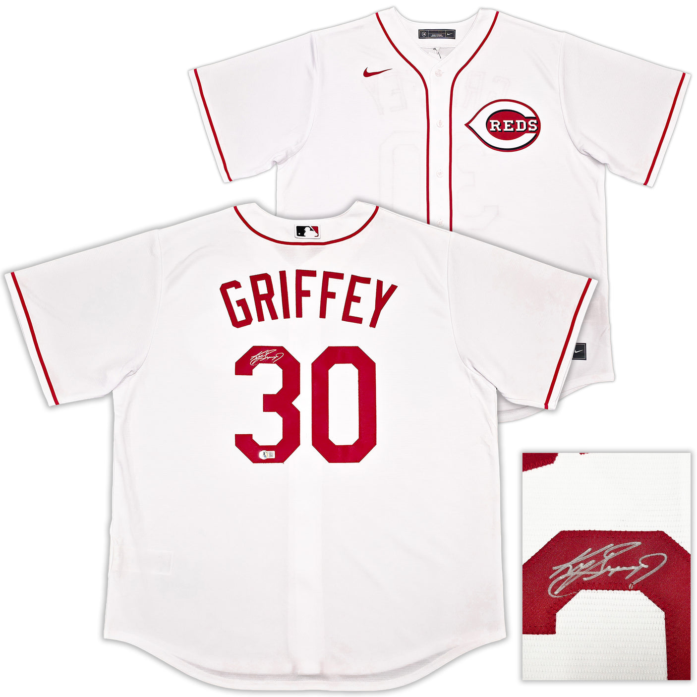 Cincinnati Reds Ken Griffey Jr. Autographed White Nike Jersey Size XL Beckett BAS Witness Stock #255486